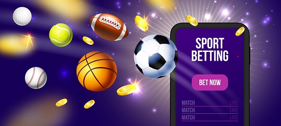 Sport betting headline on smartphone screen surrounded by coins and different sport balls